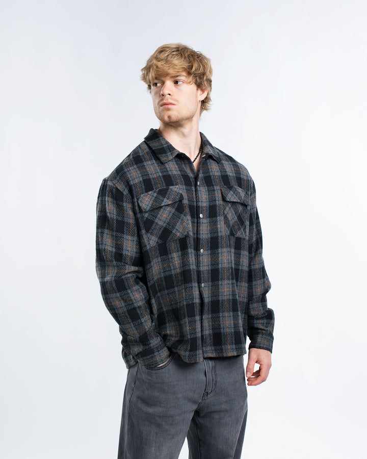 Mens plaid flannel overshirt jacket, view 1