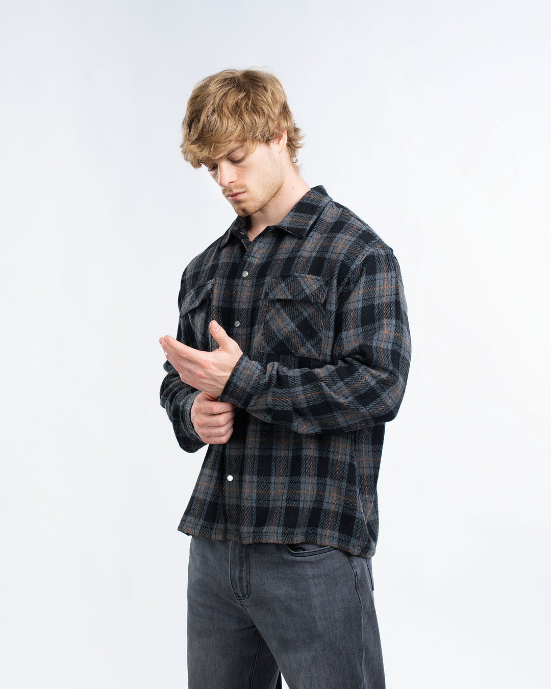 Mens plaid flannel overshirt jacket, view 4