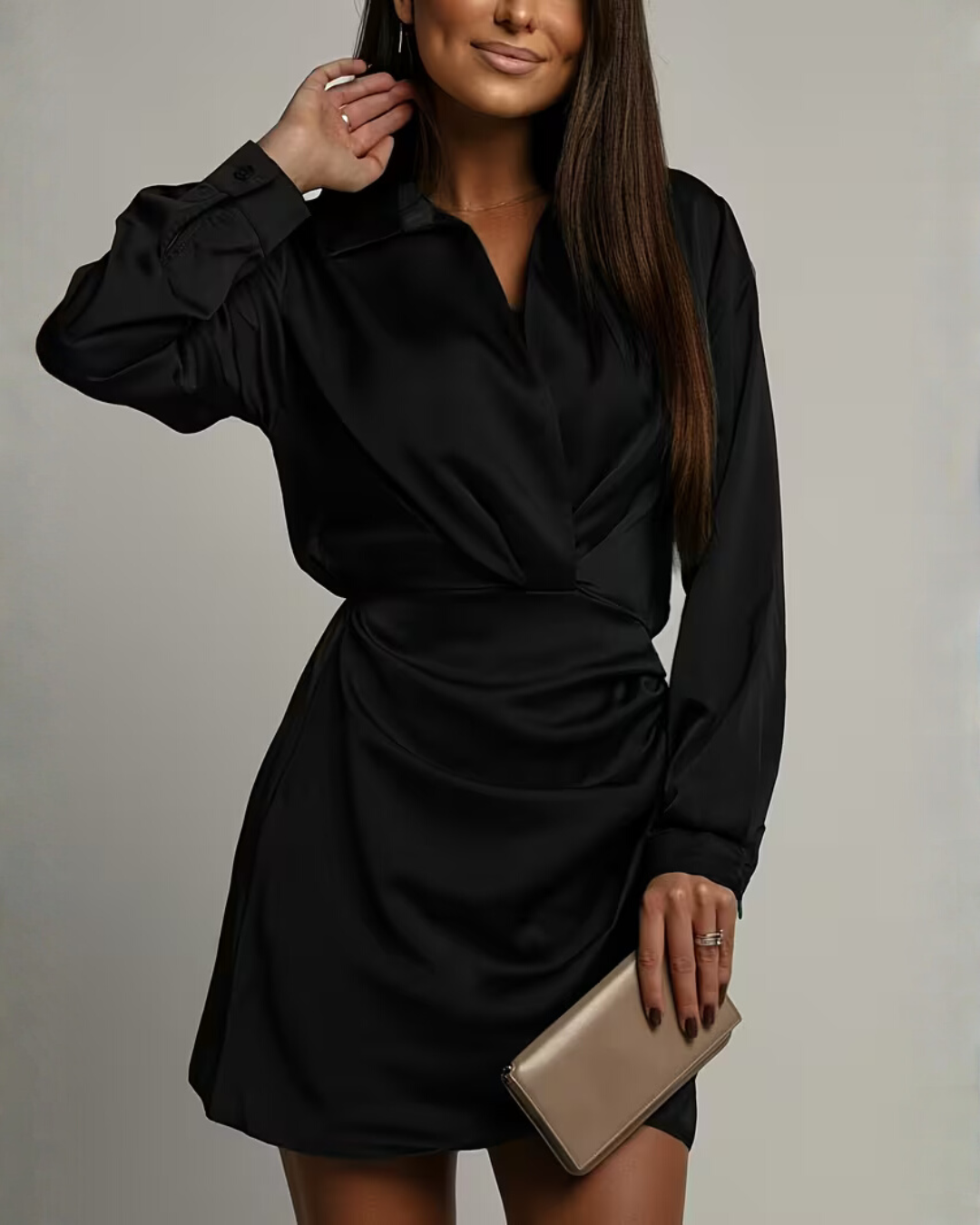 Womens satin wrap mini dress, view 3