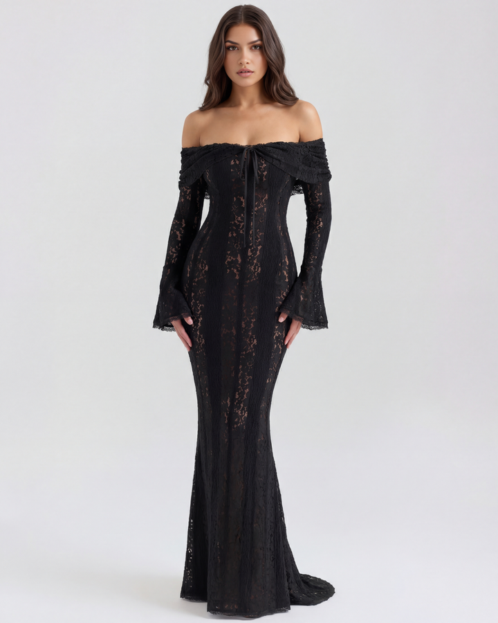 Elise | Black Lace Off-Shoulder Maxi Dress