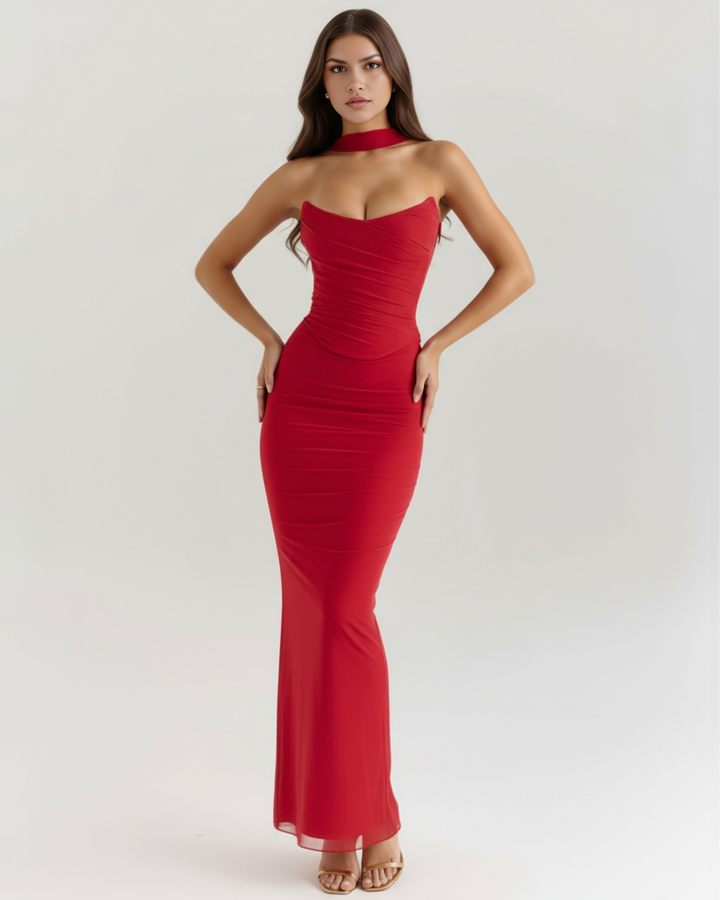 Fiona | Red Ruched Womens Maxi Dress