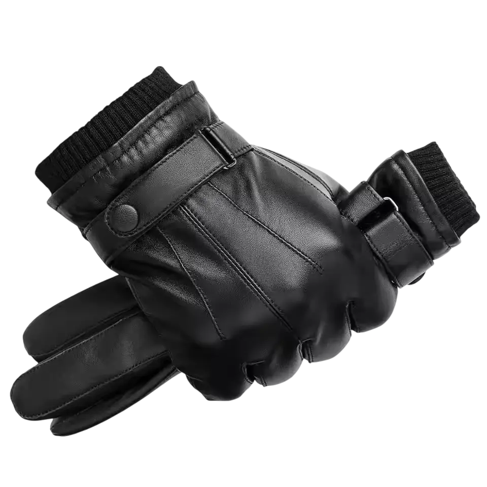 Lake | Leather Winter Gloves Ribbed Cuffs Button Strap