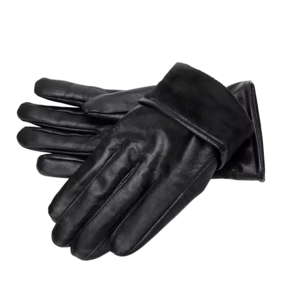 Lake | Leather Winter Gloves Ribbed Cuffs Button Strap