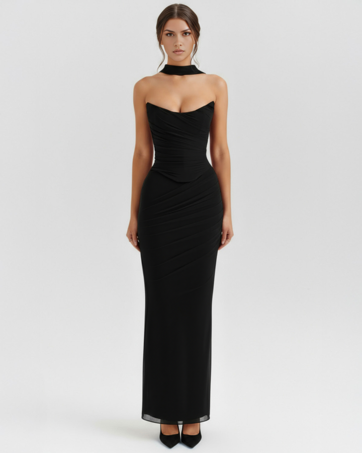 Gemma | Black Strapless Ruched Maxi Dress