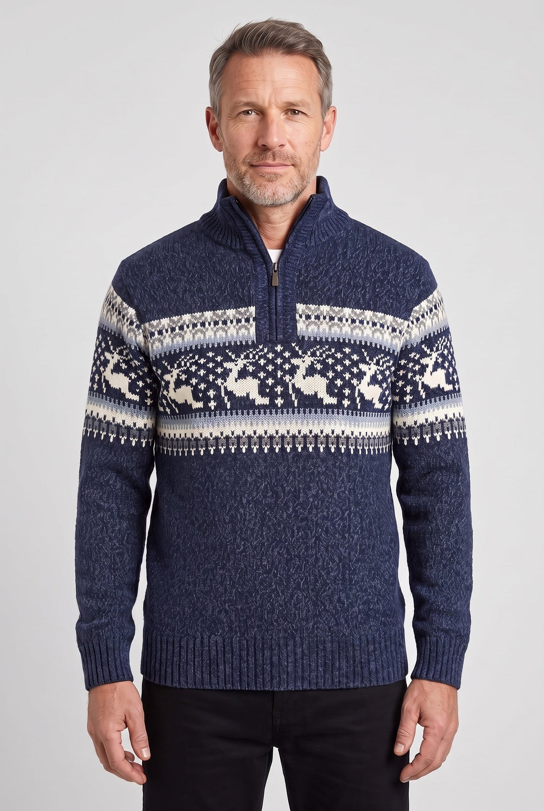 Mens fair isle quarter zip knit sweater navy