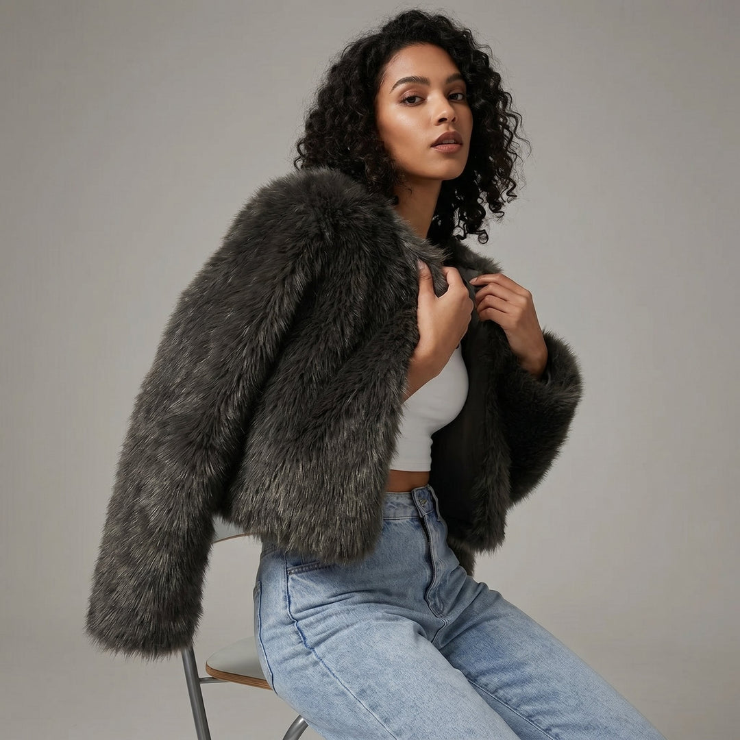 Paige | Cropped Faux Fur Collarless Coat