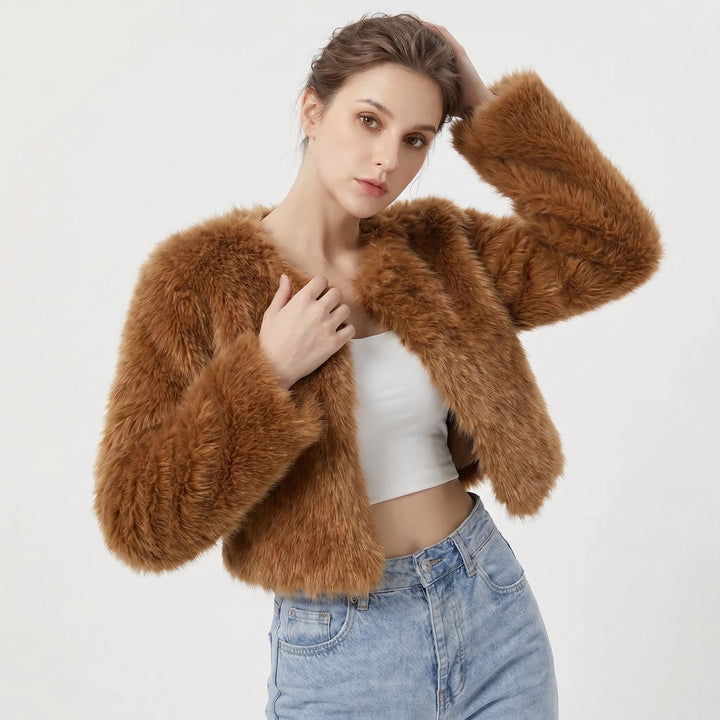 Paige | Cropped Faux Fur Collarless Coat