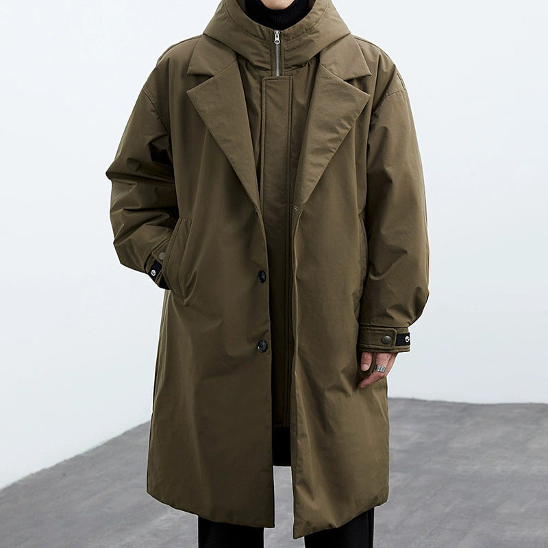 Dale | Mens Hooded Trench Coat Relaxed Fit Button Front Long Sleeve
