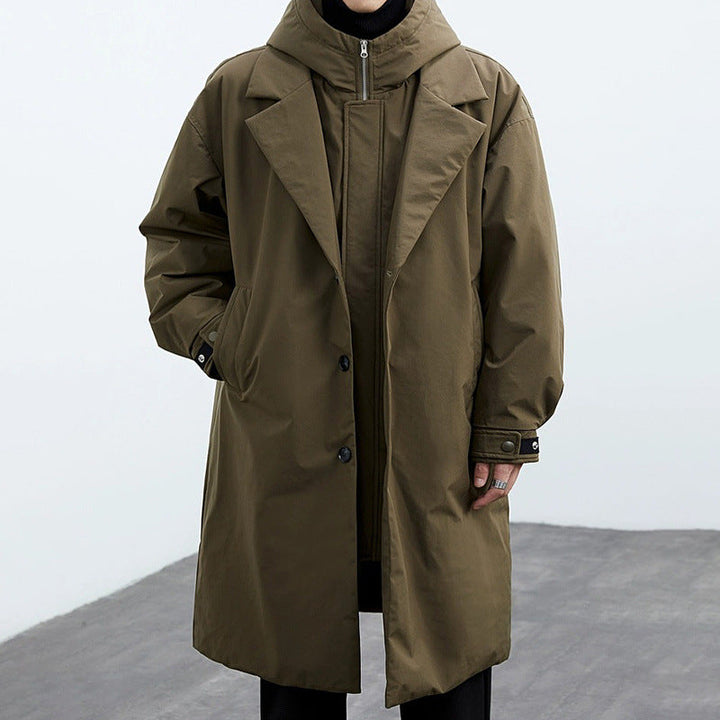 Dale | Mens Hooded Trench Coat Relaxed Fit Button Front Long Sleeve
