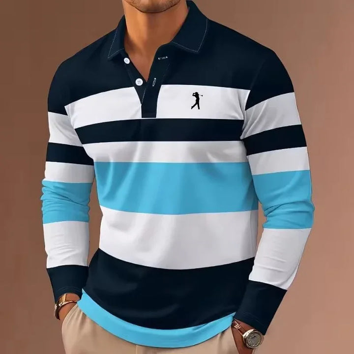 Mens rugby stripe long sleeve polo shirt, view 3