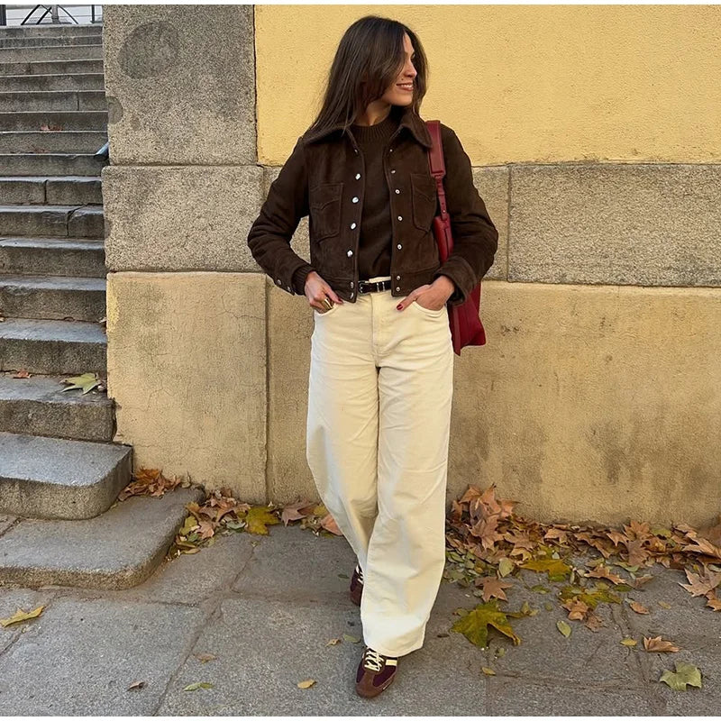 Morgan | Womens Faux Suede Cropped Trucker Jacket
