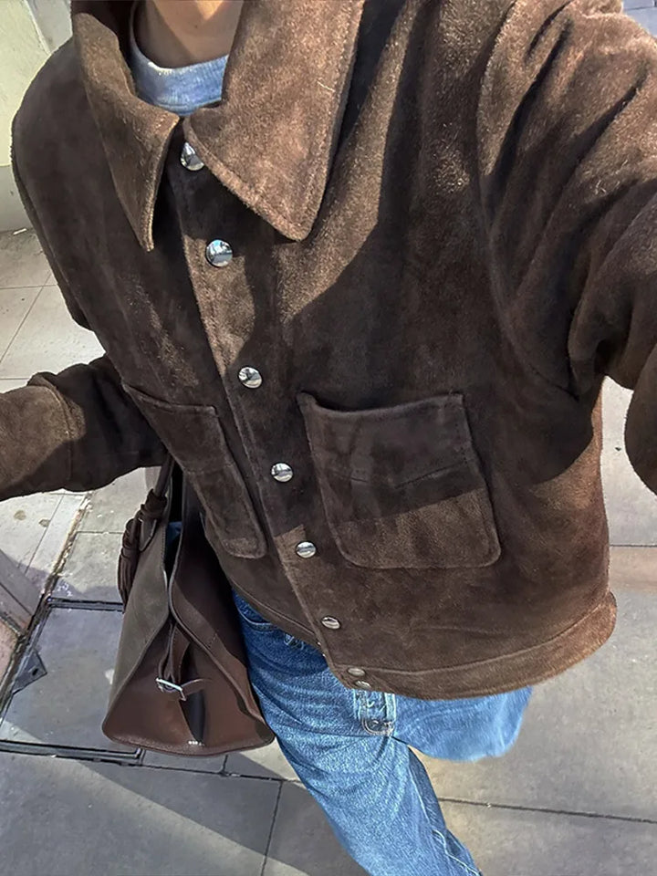 Womens brown faux suede cropped jacket, view 3