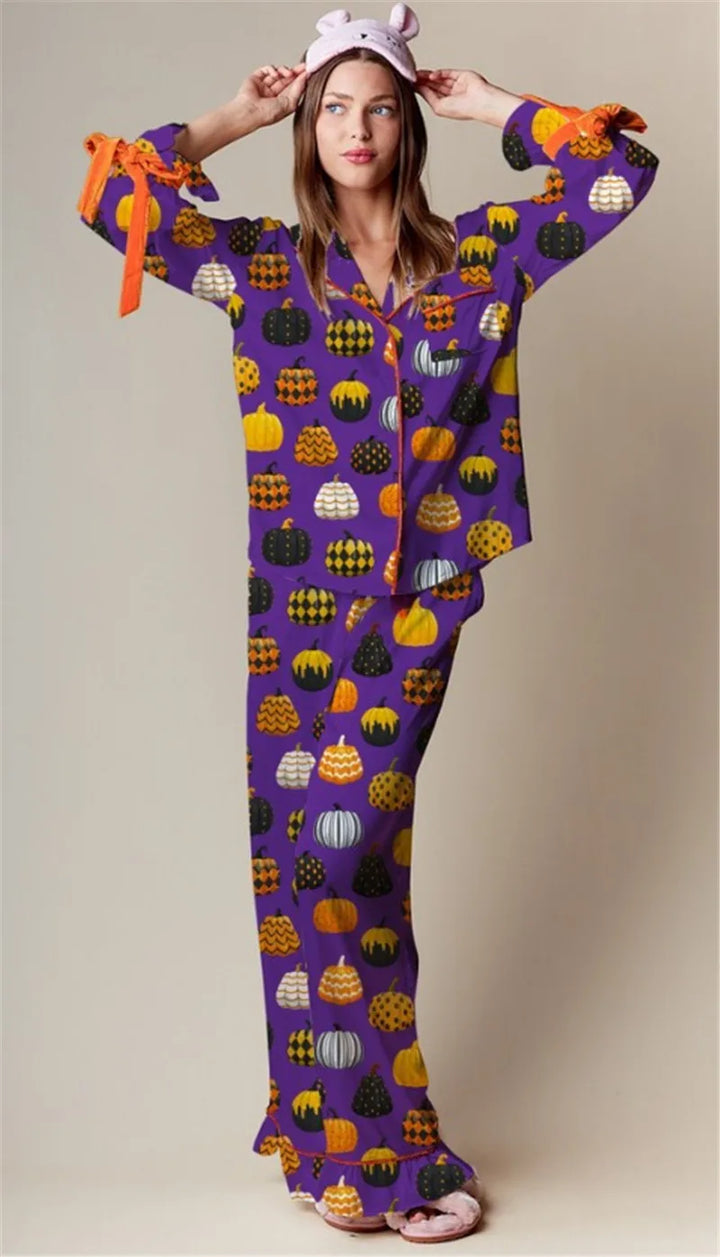 Womens pumpkin print maxi pajama set, view 3