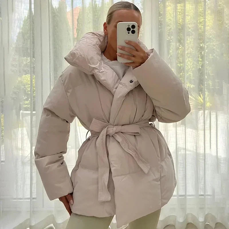 Womens oversized belted puffer jacket, view 10