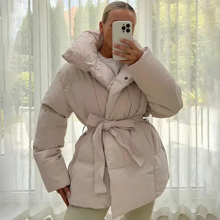 Womens oversized belted puffer jacket, view 10