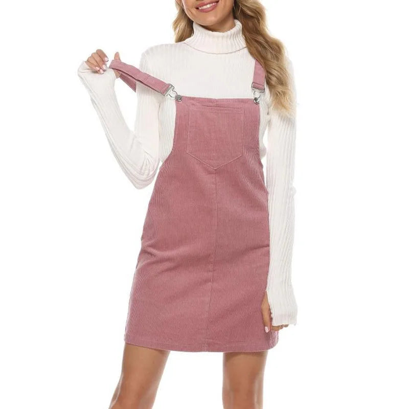 Womens corduroy pinafore overall mini dress, view 4