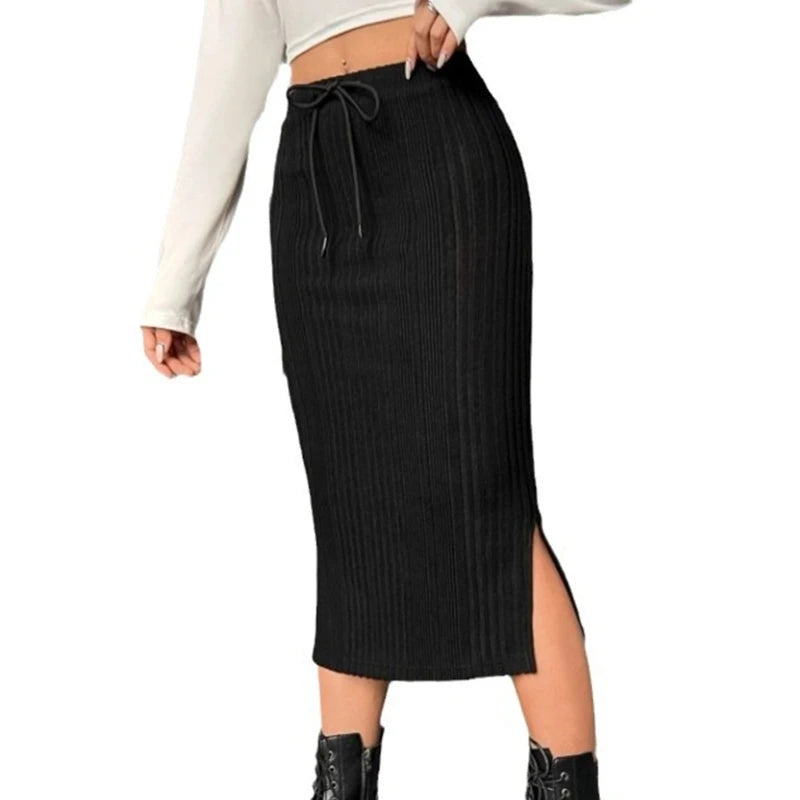 Womens ribbed knit midi skirt, view 2