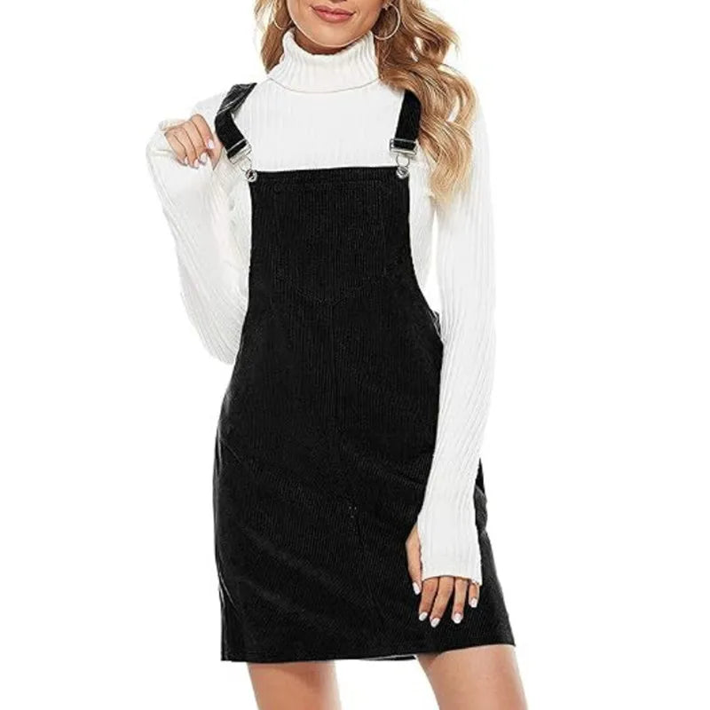 Womens corduroy pinafore overall mini dress, view 3