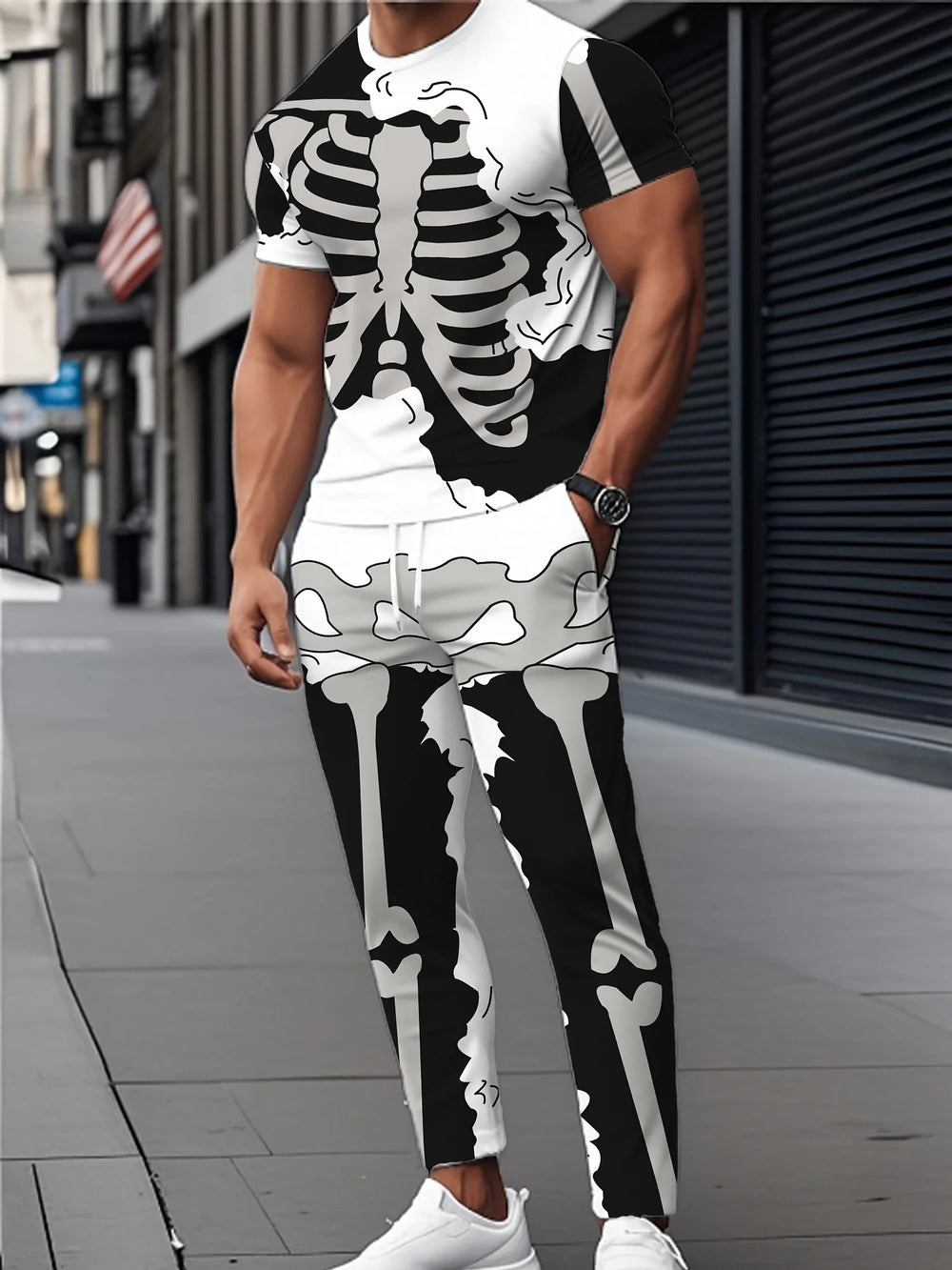 Mens skeleton graphic shorts set, view 2