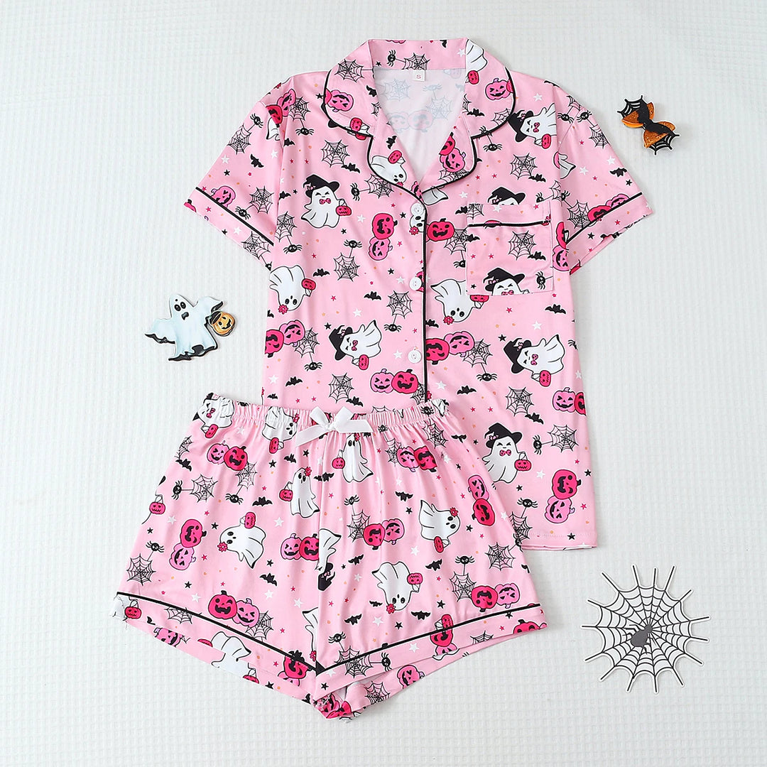 Womens Halloween print shorts pajama set, view 1