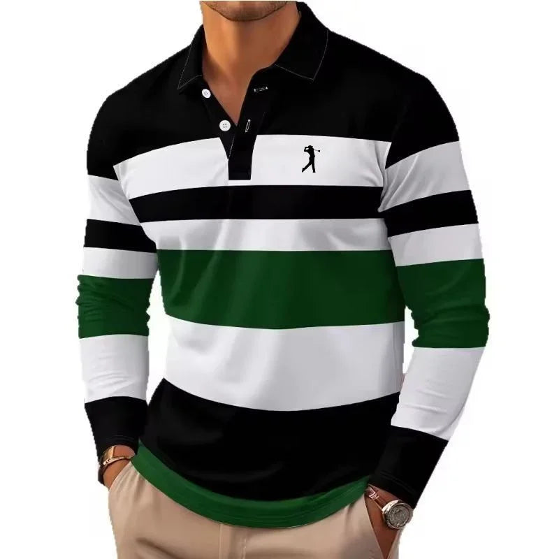 Mens rugby stripe long sleeve polo shirt, view 2