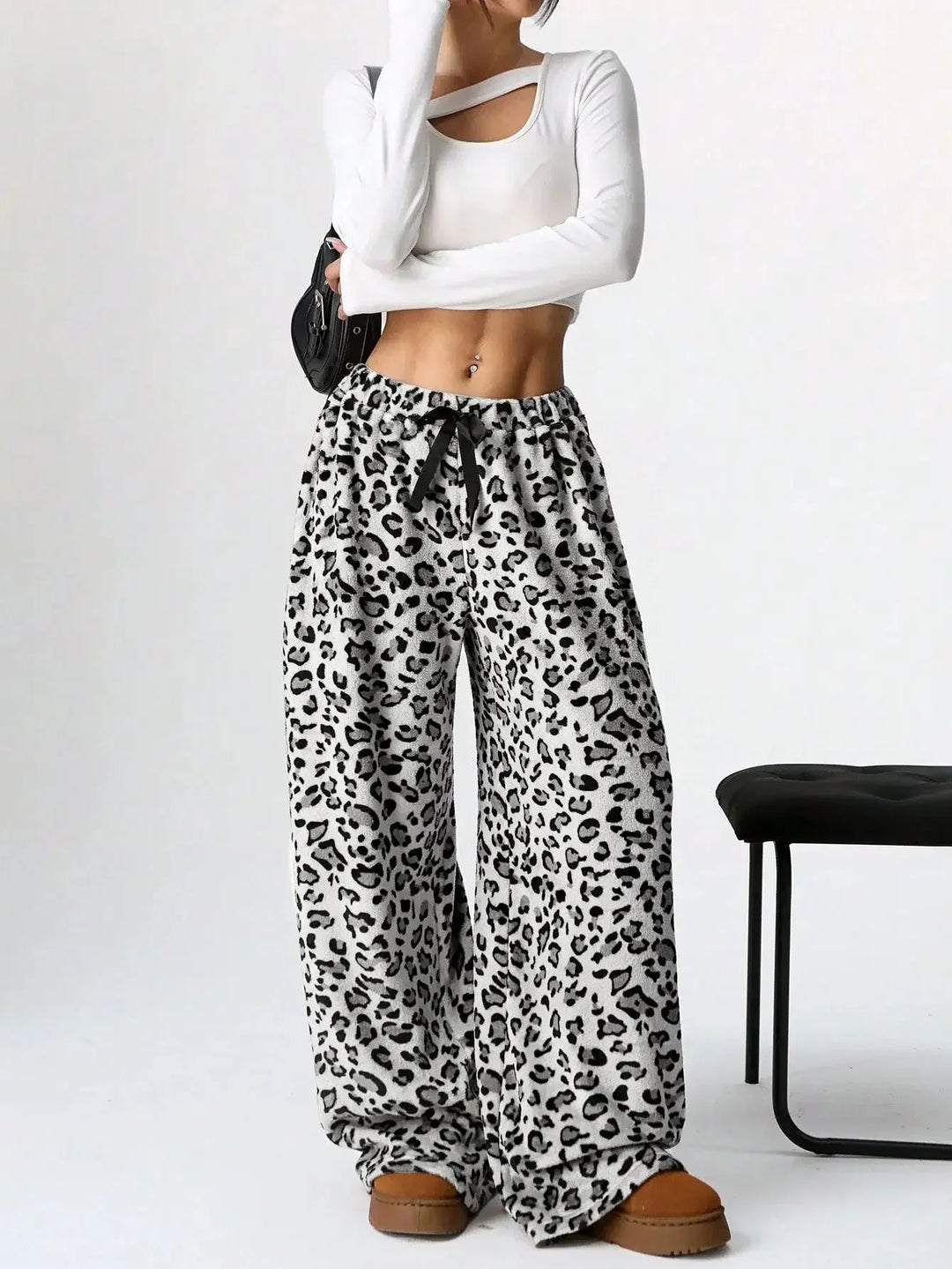 Holly | Womens Leopard Fleece Wide Leg Pajama Pants