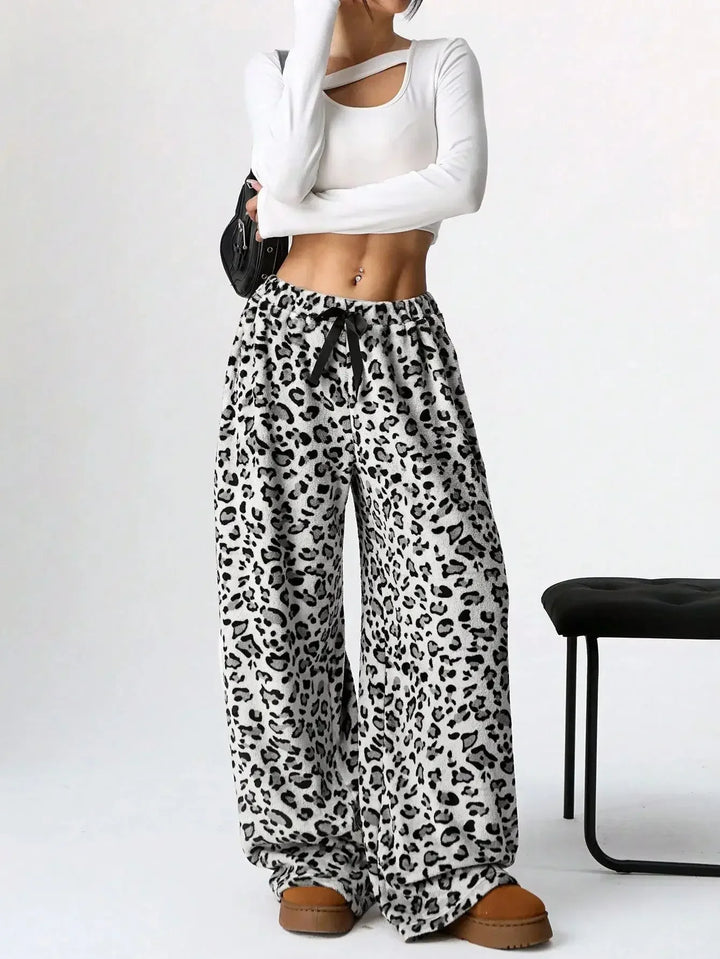 Holly | Womens Leopard Fleece Wide Leg Pajama Pants