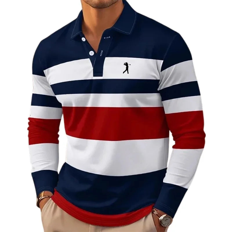 Mens rugby stripe long sleeve polo shirt, view 4