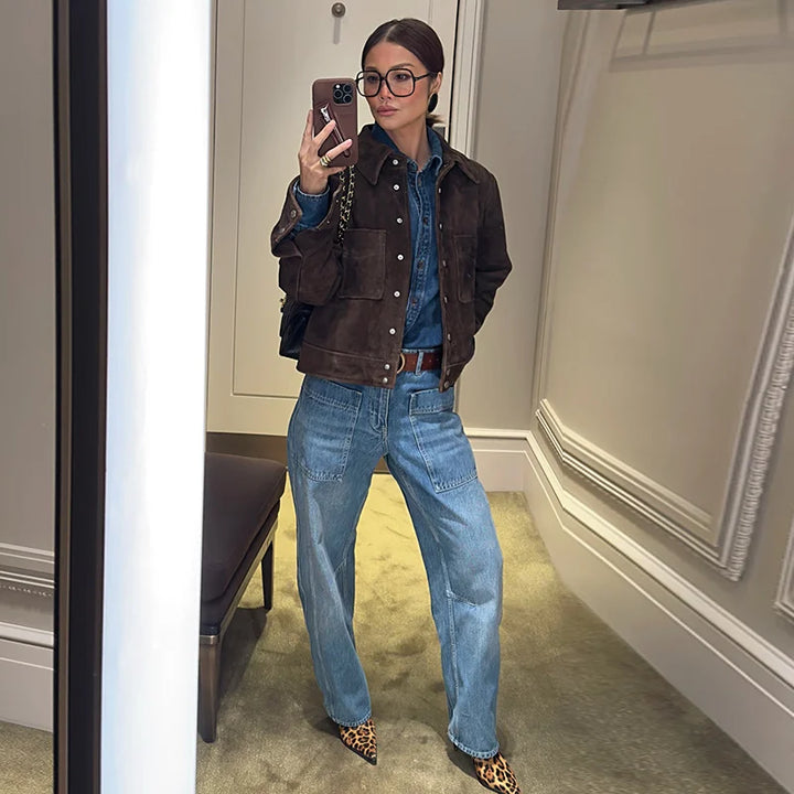 Morgan | Womens Faux Suede Cropped Trucker Jacket