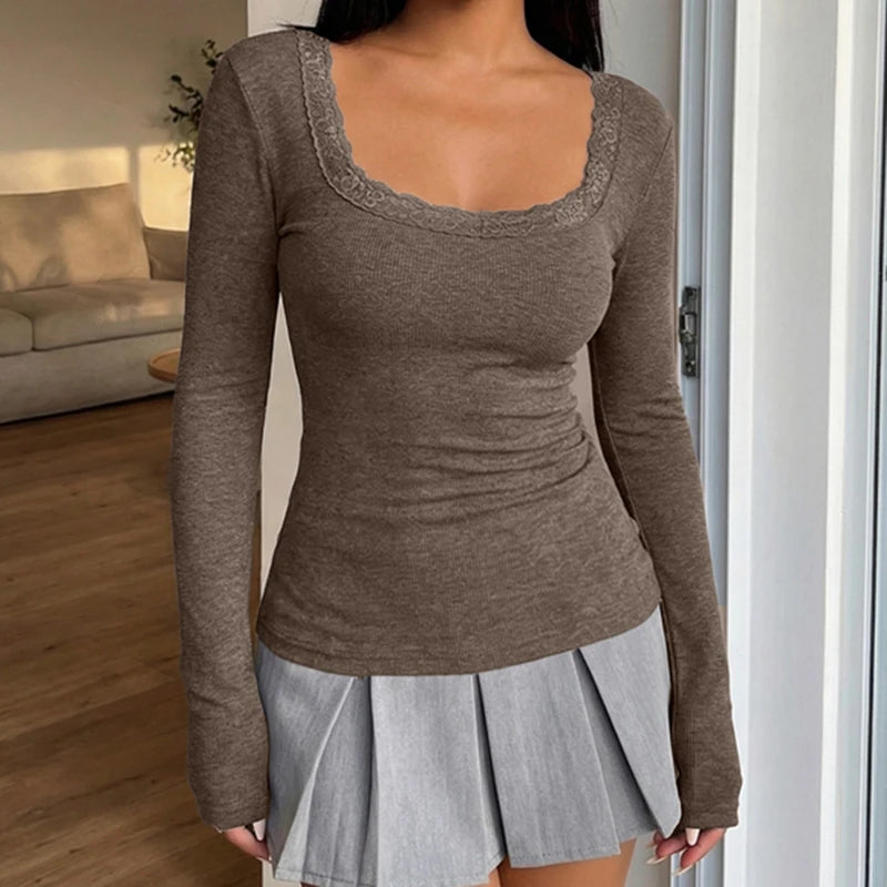 Elodie | Lace Trim Long Sleeve Ribbed Womens Top