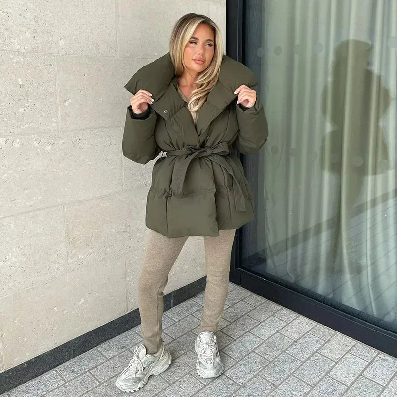 Womens oversized belted puffer jacket, view 4