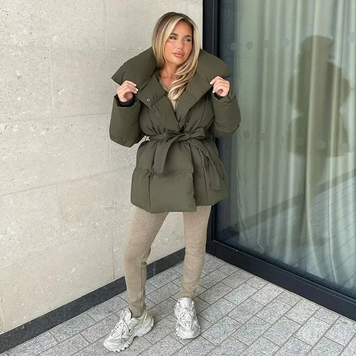 Womens oversized belted puffer jacket, view 4