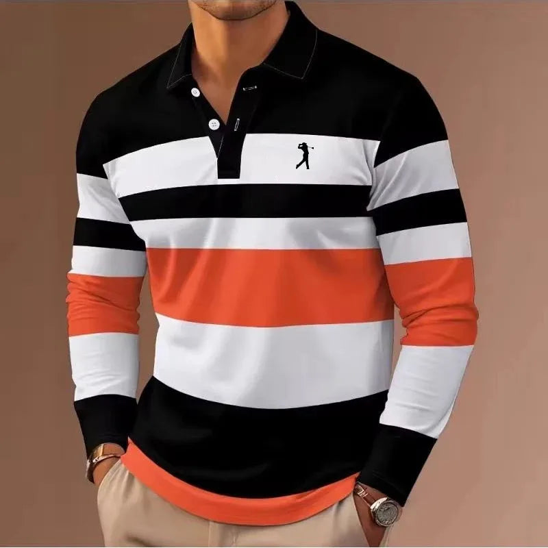 Mens rugby stripe long sleeve polo shirt, view 8