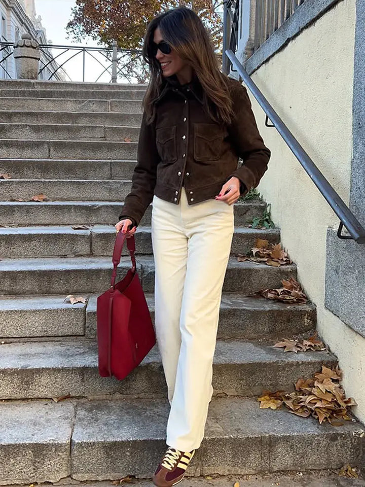 Womens brown faux suede cropped jacket, view 6