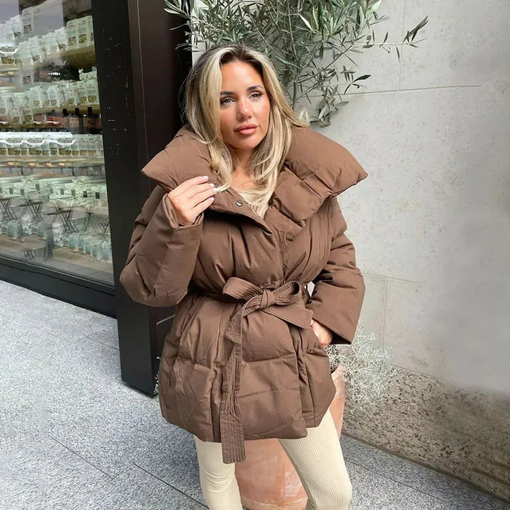 Womens oversized belted puffer jacket, view 3