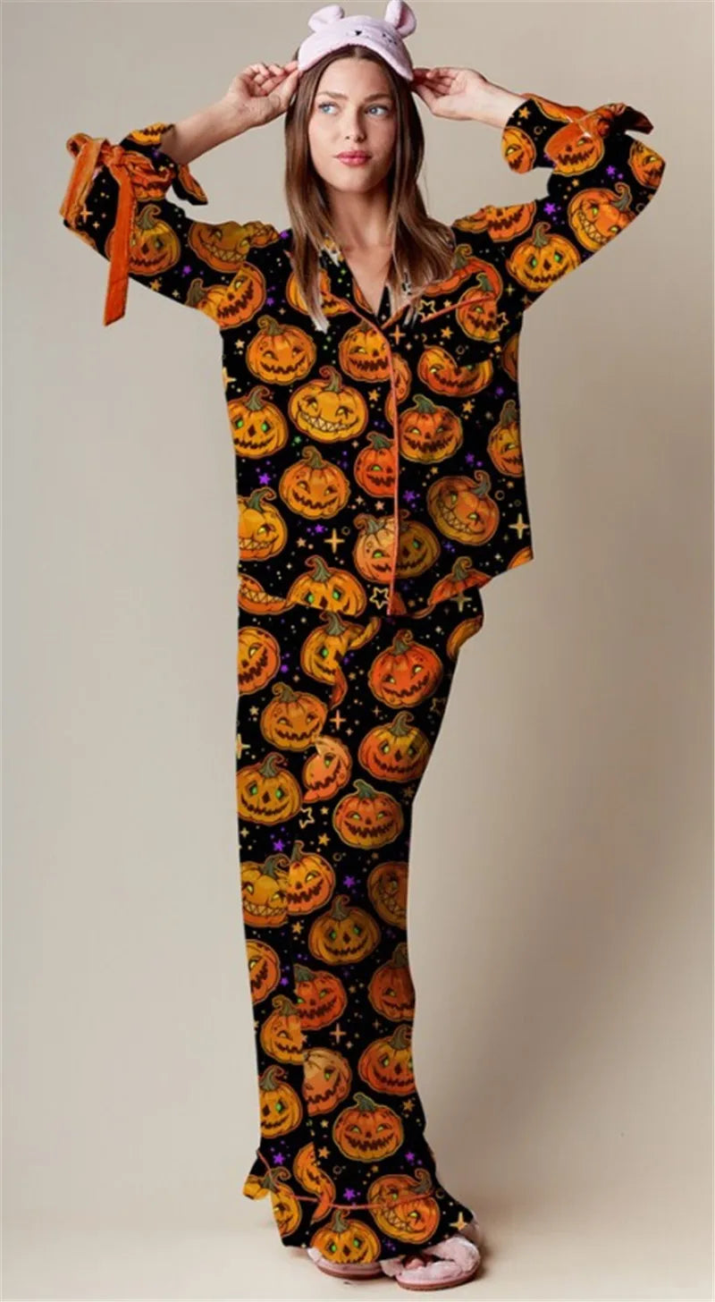 Womens pumpkin print maxi pajama set, view 2