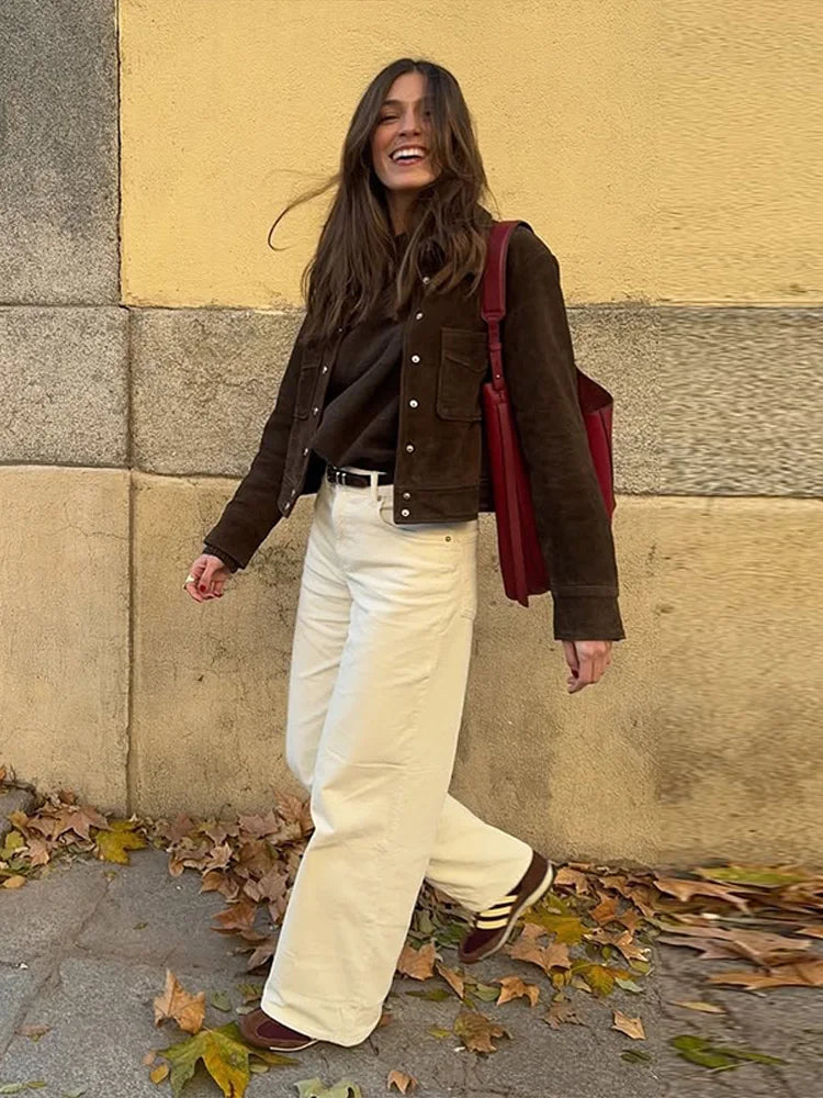 Womens brown faux suede cropped jacket, view 4
