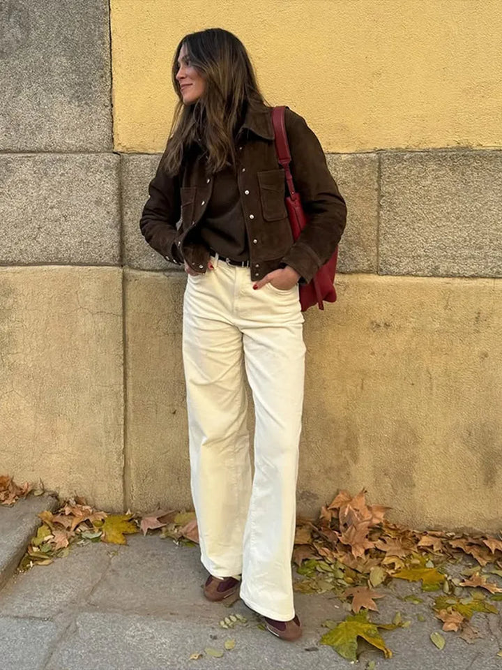Womens brown faux suede cropped jacket, view 5
