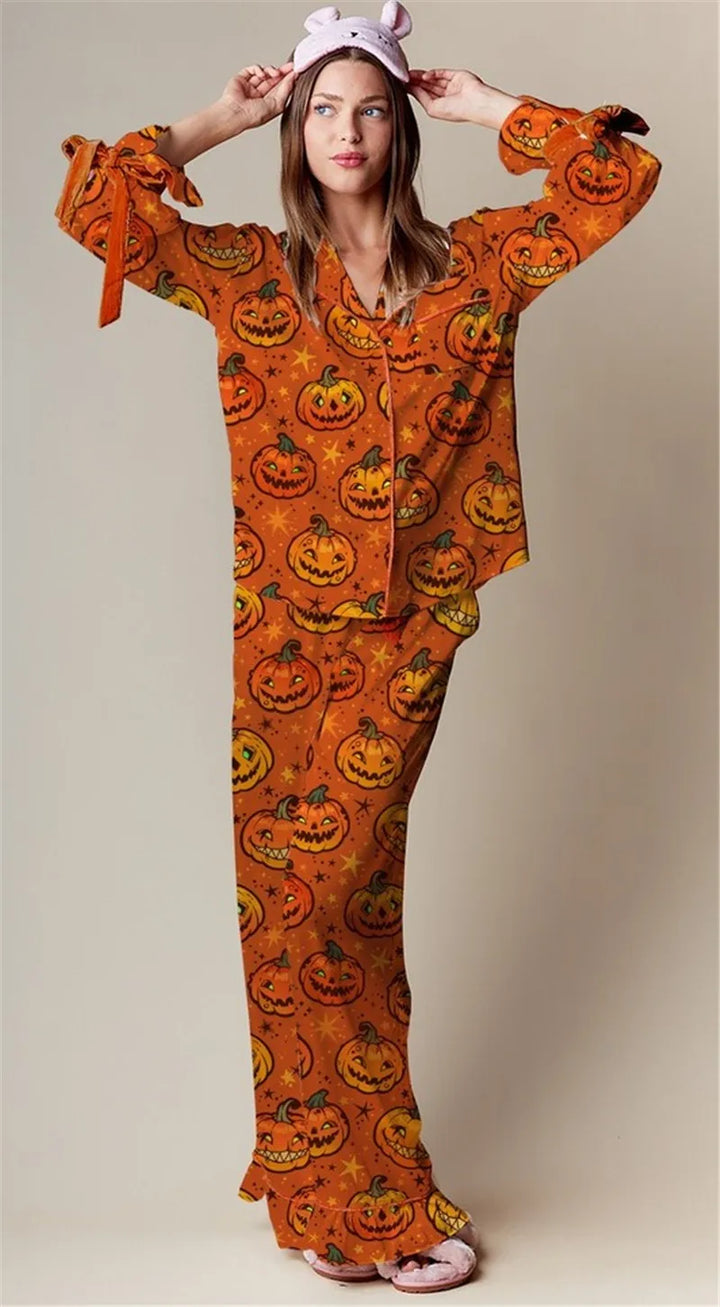 Womens pumpkin print maxi pajama set, view 1