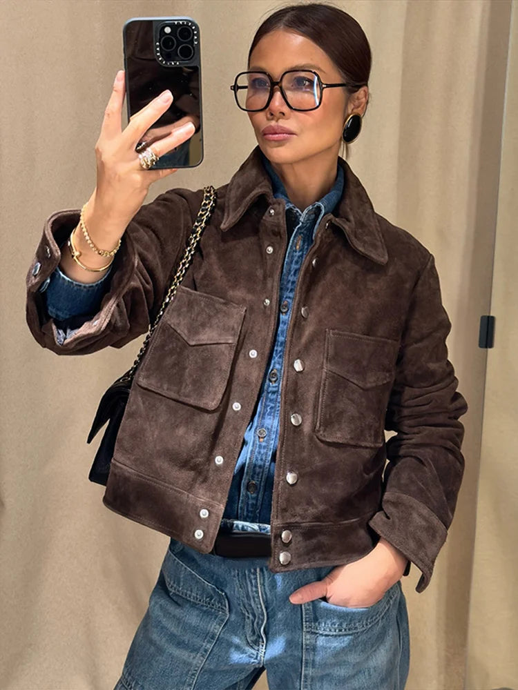 Womens brown faux suede cropped jacket, view 2