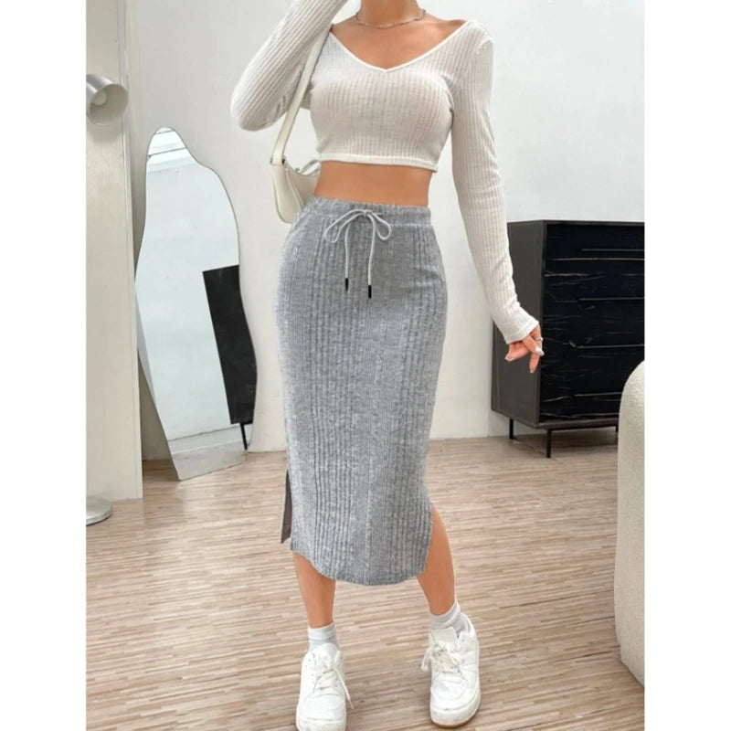 Womens ribbed knit midi skirt, view 4