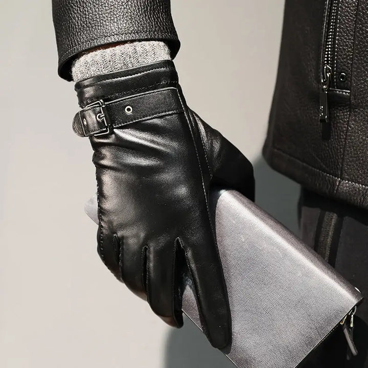 Finn | Leather Gloves Buckle Strap Knitted Lining
