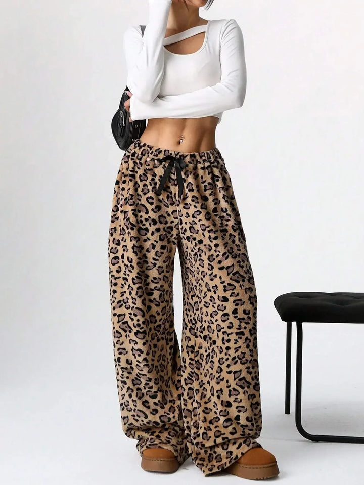 Holly womens leopard fleece wide leg sweatpants