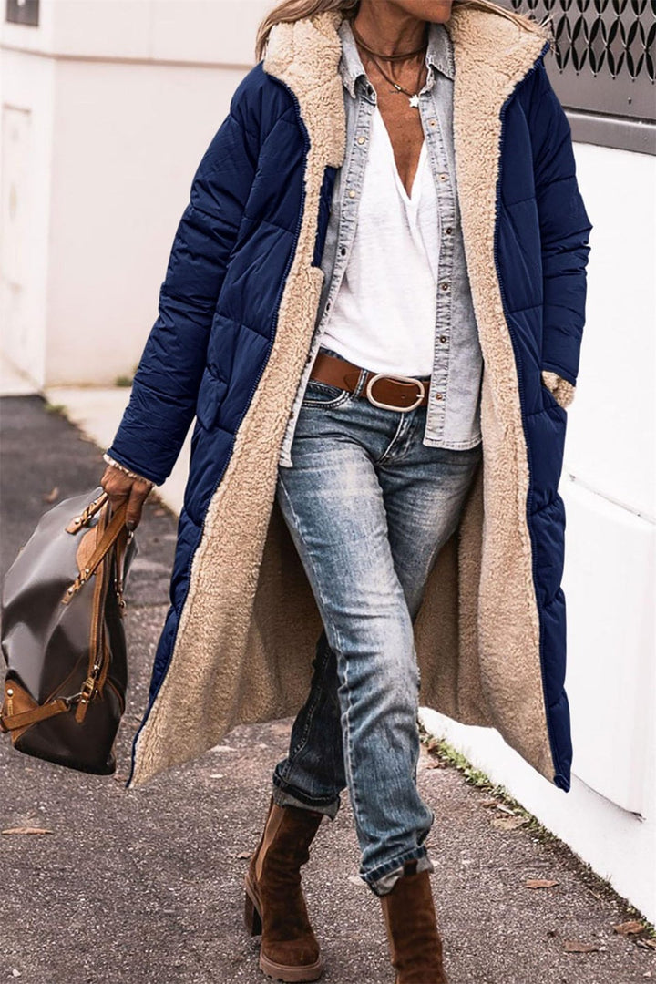 Womens long sherpa-lined quilted coat, view 3