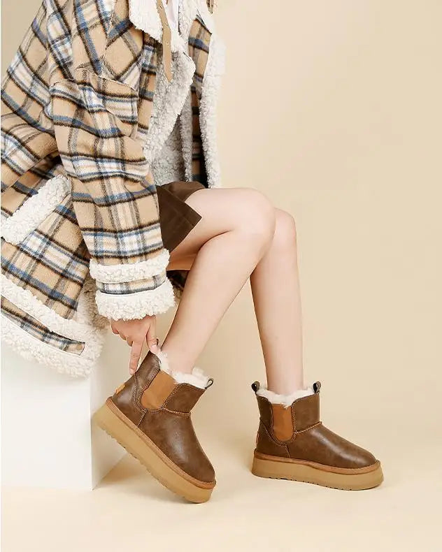 Morgan | Fur Lined Leather Platform Snow Boots Winter Warm Pull on