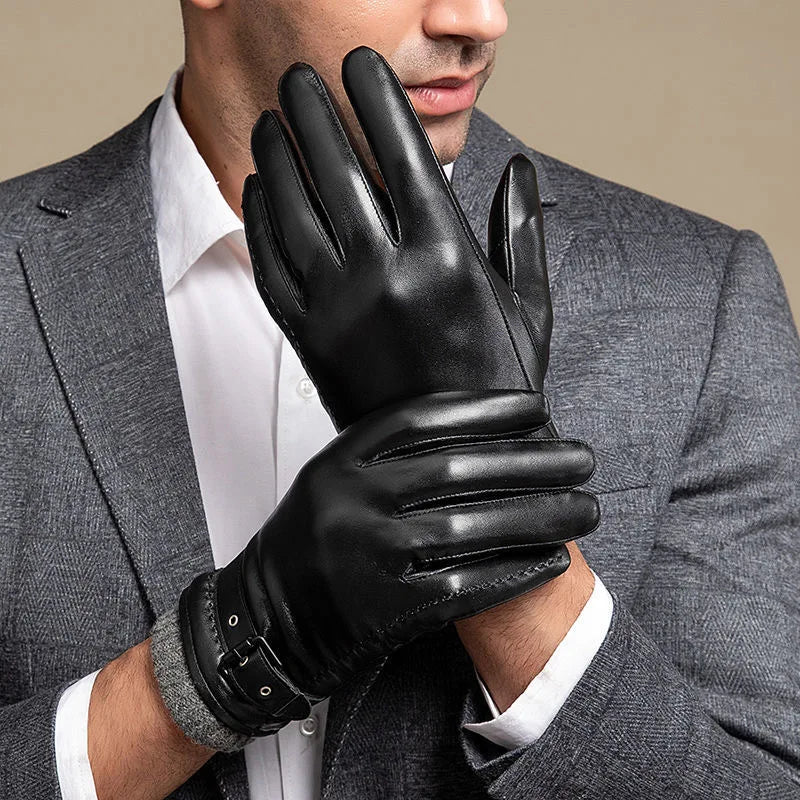 Finn | Leather Gloves Buckle Strap Knitted Lining