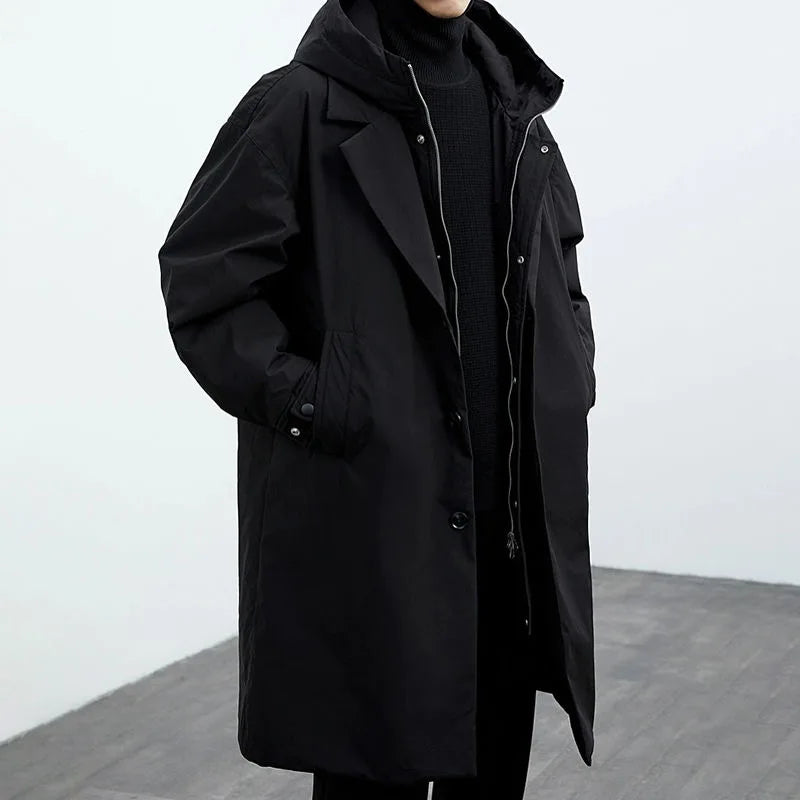 Dale | Mens Hooded Trench Coat Relaxed Fit Button Front Long Sleeve