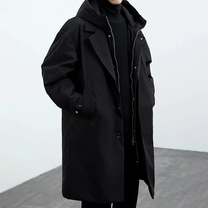 Dale | Mens Hooded Trench Coat Relaxed Fit Button Front Long Sleeve