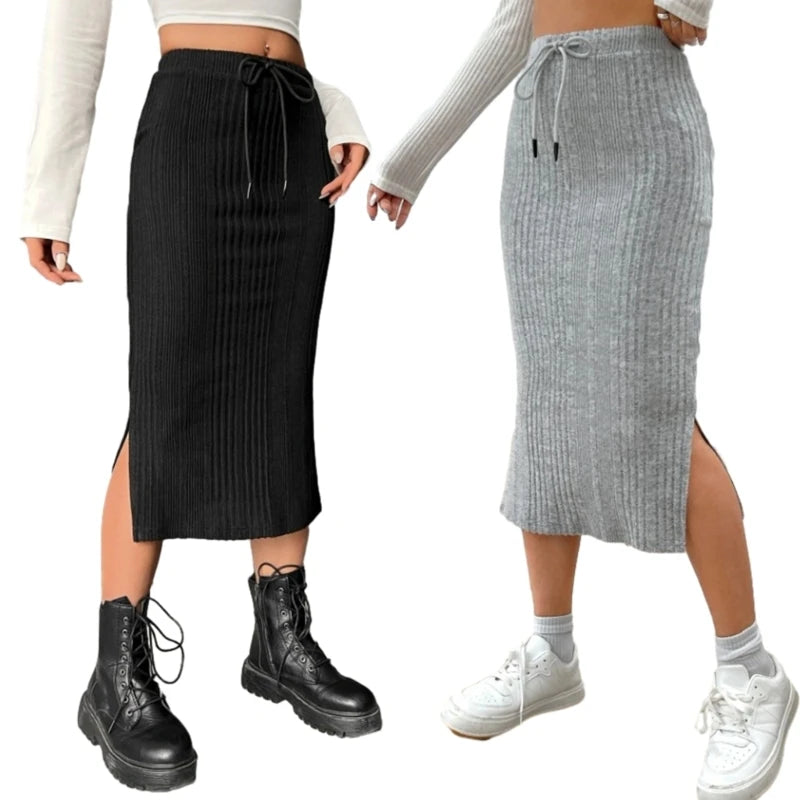 Womens ribbed knit midi skirt, view 3