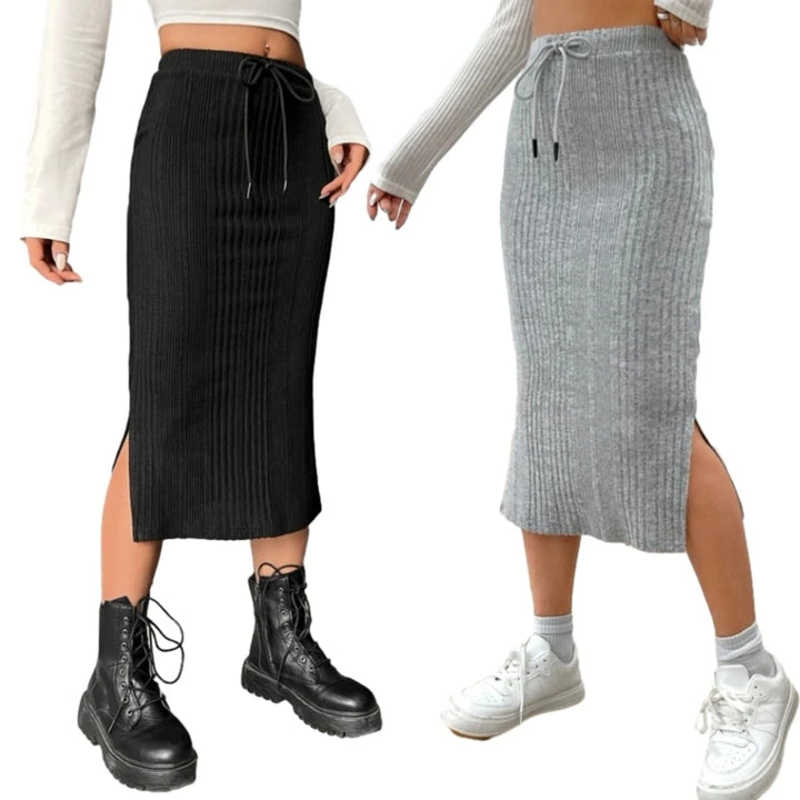 Womens ribbed knit midi skirt, view 3